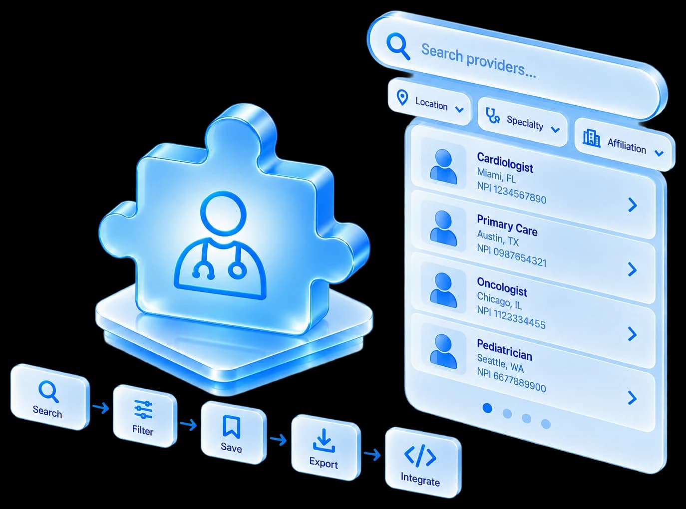 Provider search filtered by location, specialty and affiliation