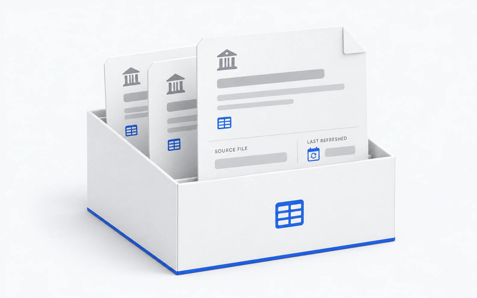Archive box holding source-file cards, each showing its source and last-refreshed date