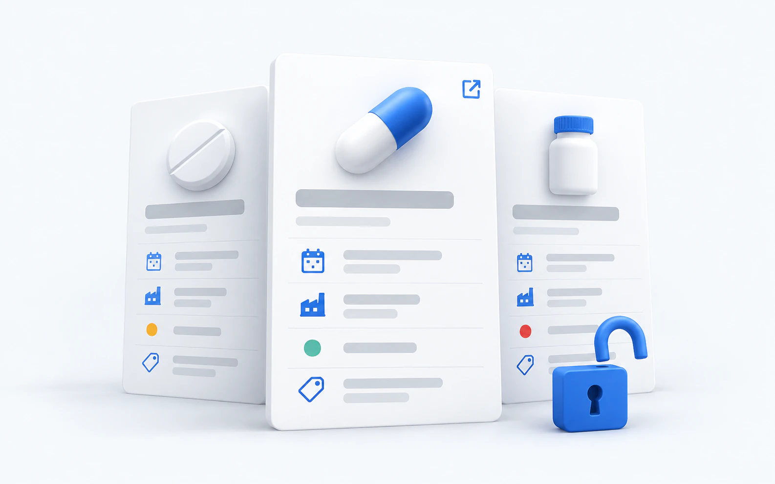 Three open-access drug reference cards beside an unlocked padlock