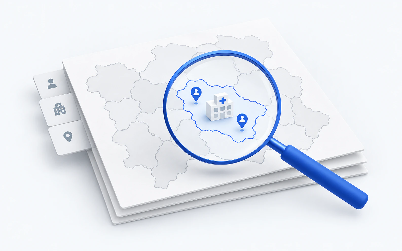 Magnifier over a regional map, highlighting one region with a hospital and two patient pins